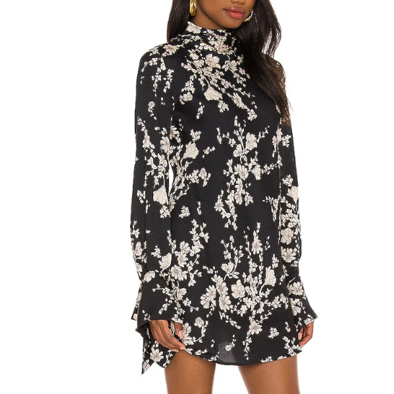 Free People Aries Mini Dress Black Floral Combo Long Sleeve Medium NEW Festival