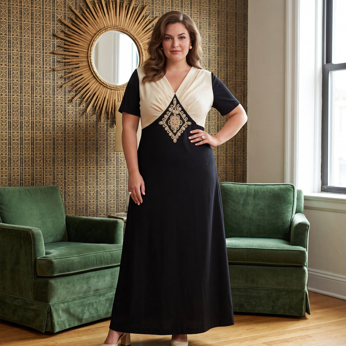 LANE BRYANT Womens Short Sleeve Maxi Dress V-Neck Embroidered Detail Cream/Black