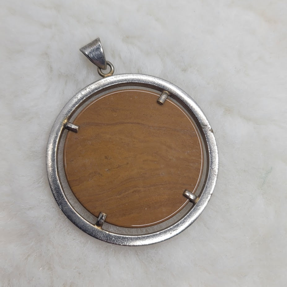 Vintage Brutalist Silver Tone Tiger Eye Agate Disc Pendant MCM Modernist