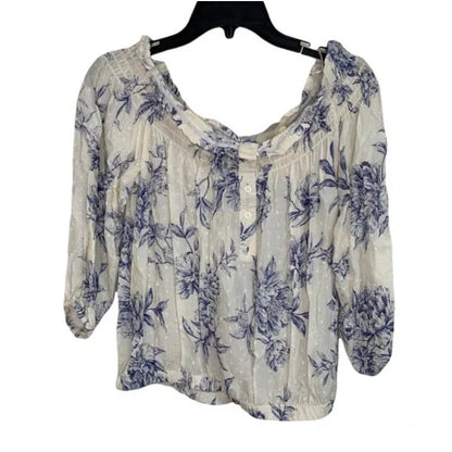 Socialite ivory blue floral off shoulder long sleeve blouse size LARGE NWT