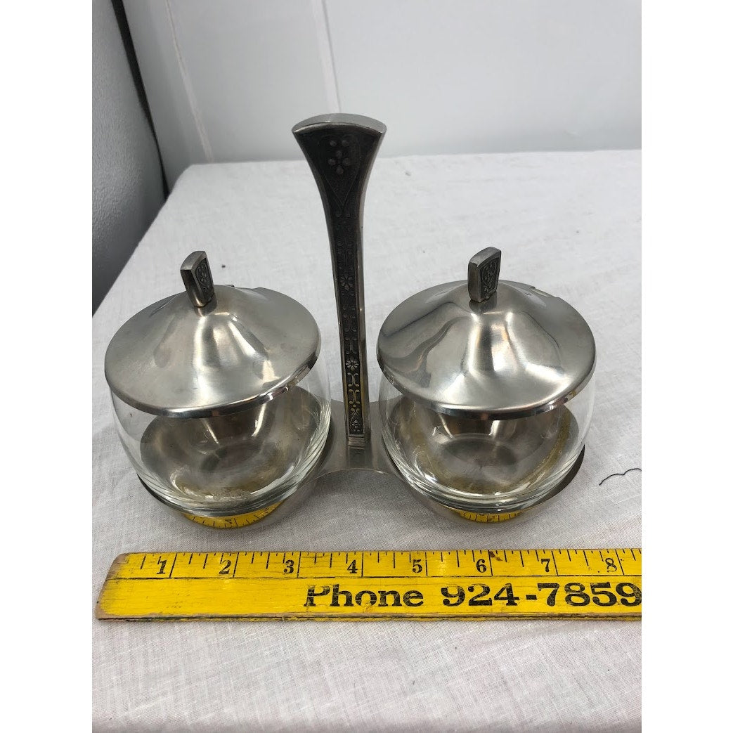 Mid Century Condiment Server Cordova Set MCM stainless steel glass mustard jelly