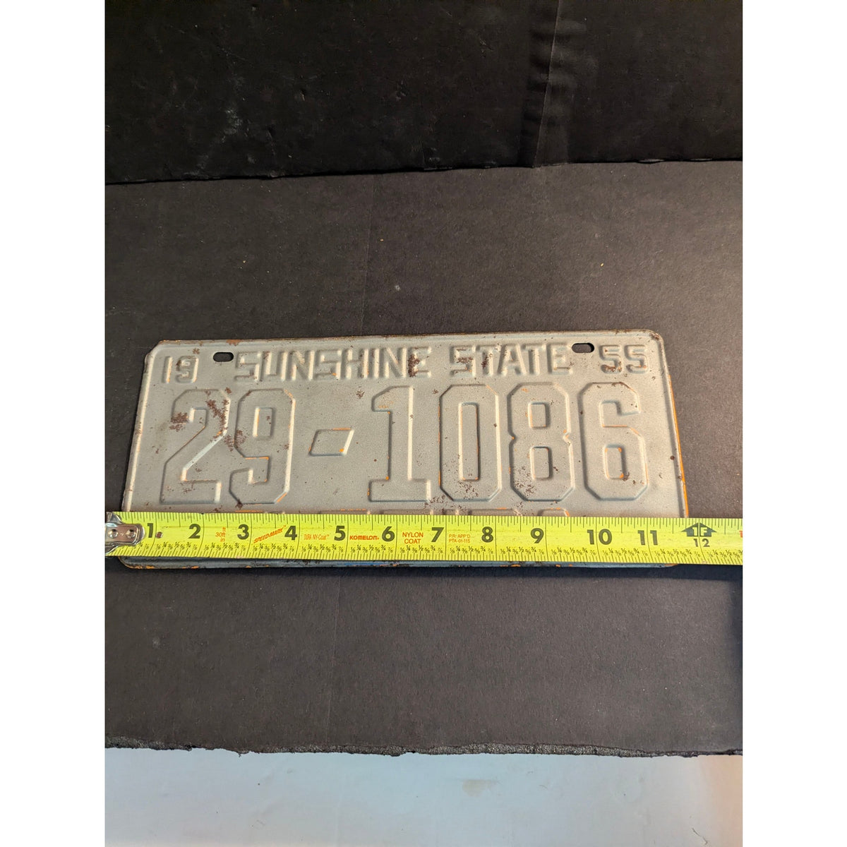 Vintage 1955 Florida License Plate Sunshine State Metal Tag White Grey Patina