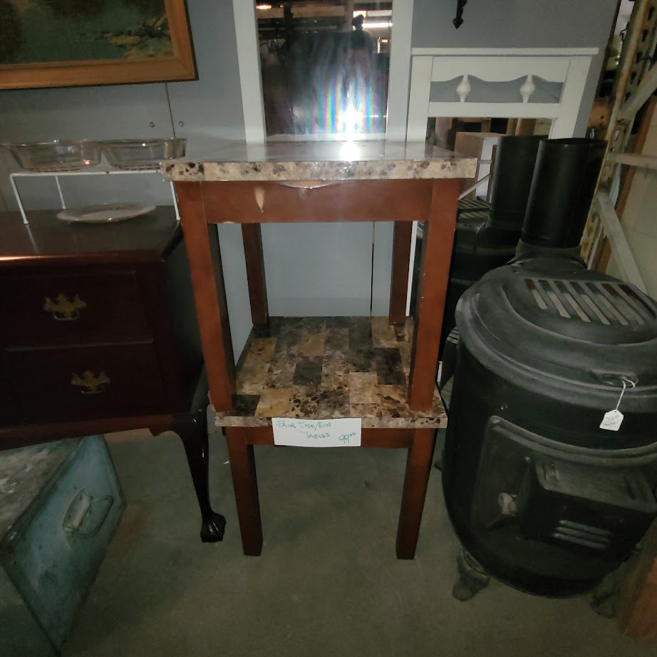 Secondhand Sandies: pair of matching faux marble wood end tables