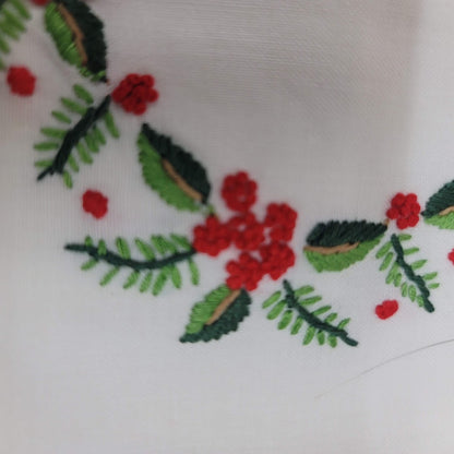 Pair of Two Vintage Linen Hand Embroidered Christmas Tea Towel Holly Green Red