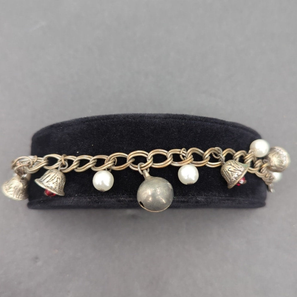 Jingle Celestial Alt-Vintage Mixed Bead & Silver Bell Charm Bracelet Whimsigoth