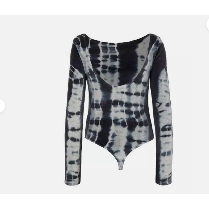 Allsaints Womens sIZE 6 Tie Dye Gray Blue Raffi Velvet Bodysuit Long Sleeve Top
