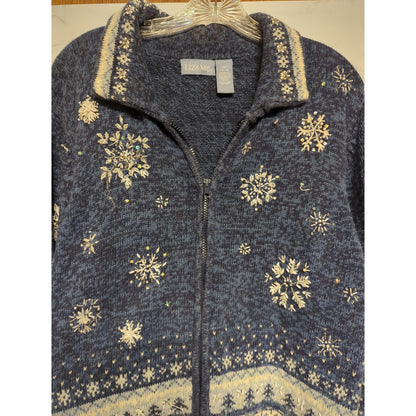 Liz & Me Blue Fair Isle Snowflake Beaded Zip-Front Cardigan Sweater 0X Plus