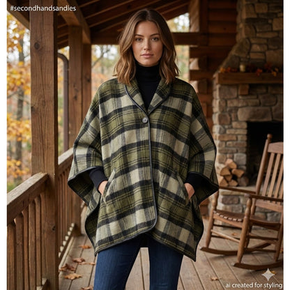 Nordstrom Cape Poncho One Size Green Lodge Plaid NWT