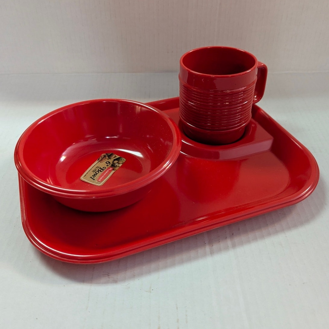 NOS Red Rubbermaid Snack Set Serving tray sandwich plate 6" soup bowl Cup Mug