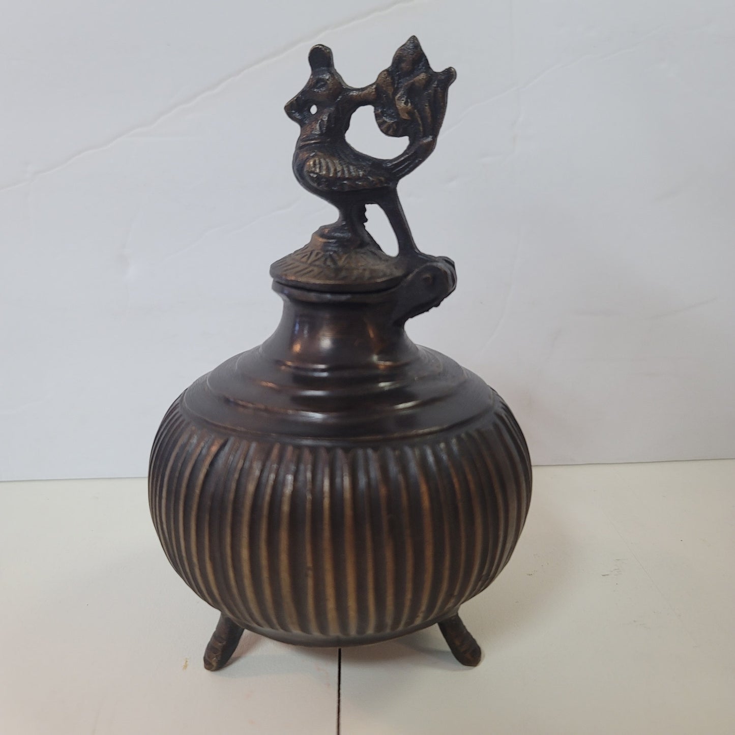 Vintage Ornate Kohl Pot Brass Bronze Tri-Footed INKWELL Hinged Bird Peacock Lid