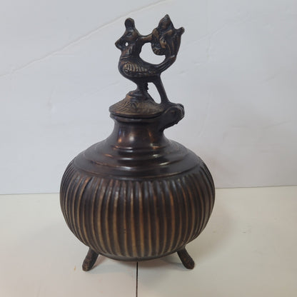 Vintage Ornate Kohl Pot Brass Bronze Tri-Footed INKWELL Hinged Bird Peacock Lid