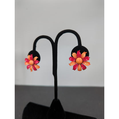 Vintage Orange & Persimmon Enameled Tiered Floral Clip On SunburstEarrings