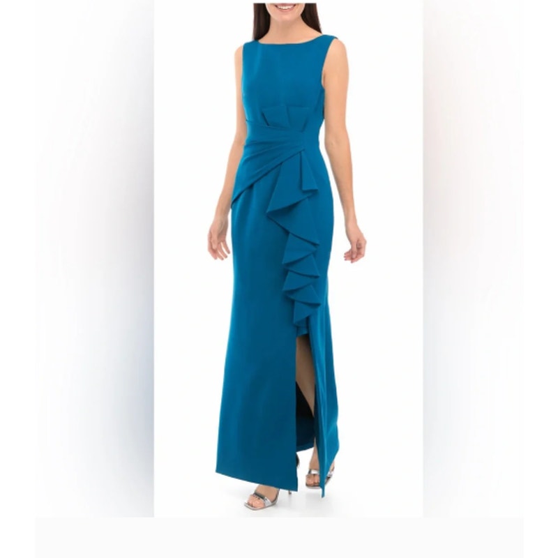 Eliza J Size 10 Laguna Teal Stretch Crepe Ruffle Slit Formal Gown Wedding event