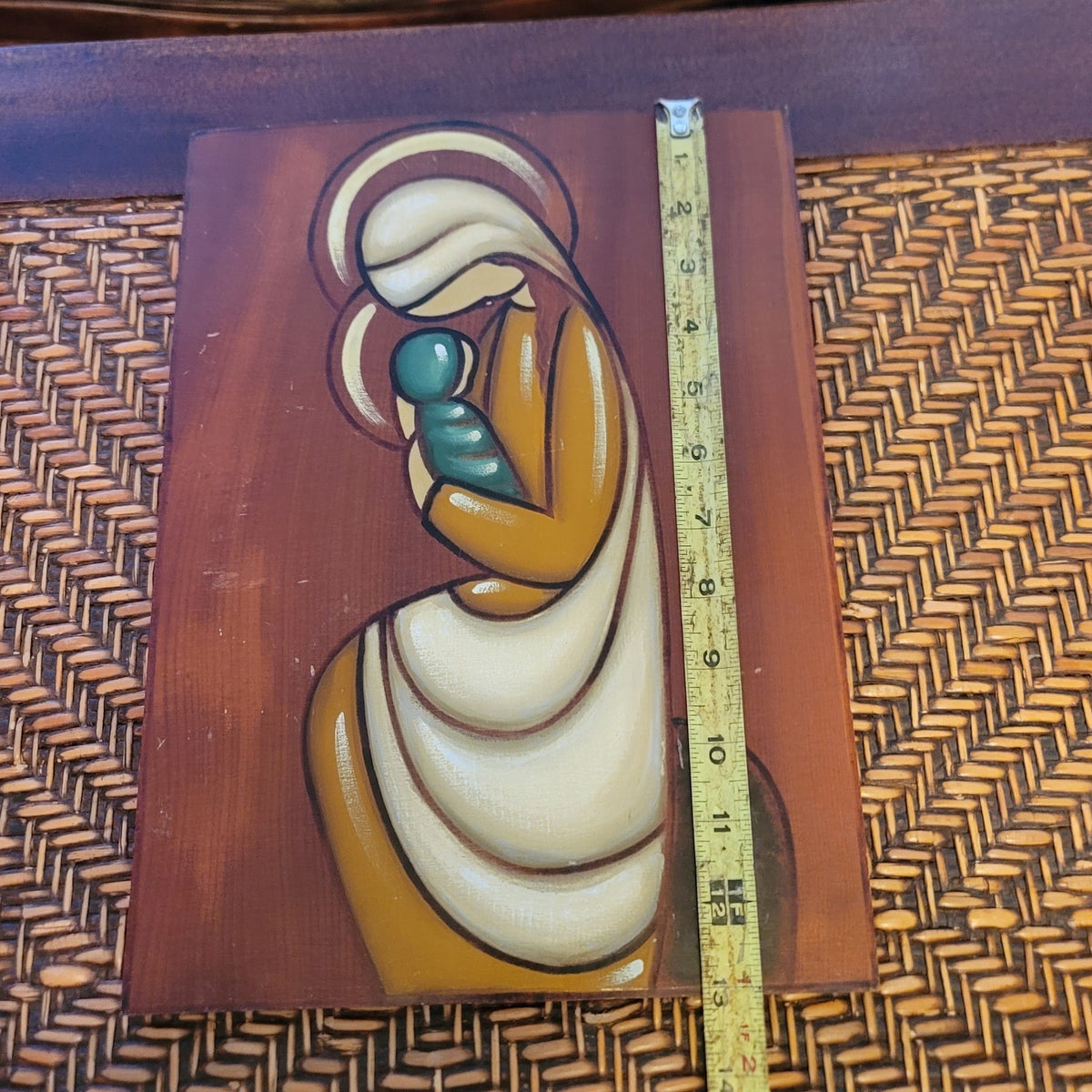 FUKUOKO SIGNED Vintage handpainted Japan mother child wall art wood plaque PAIR
