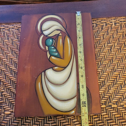 FUKUOKO SIGNED Vintage handpainted Japan mother child wall art wood plaque PAIR