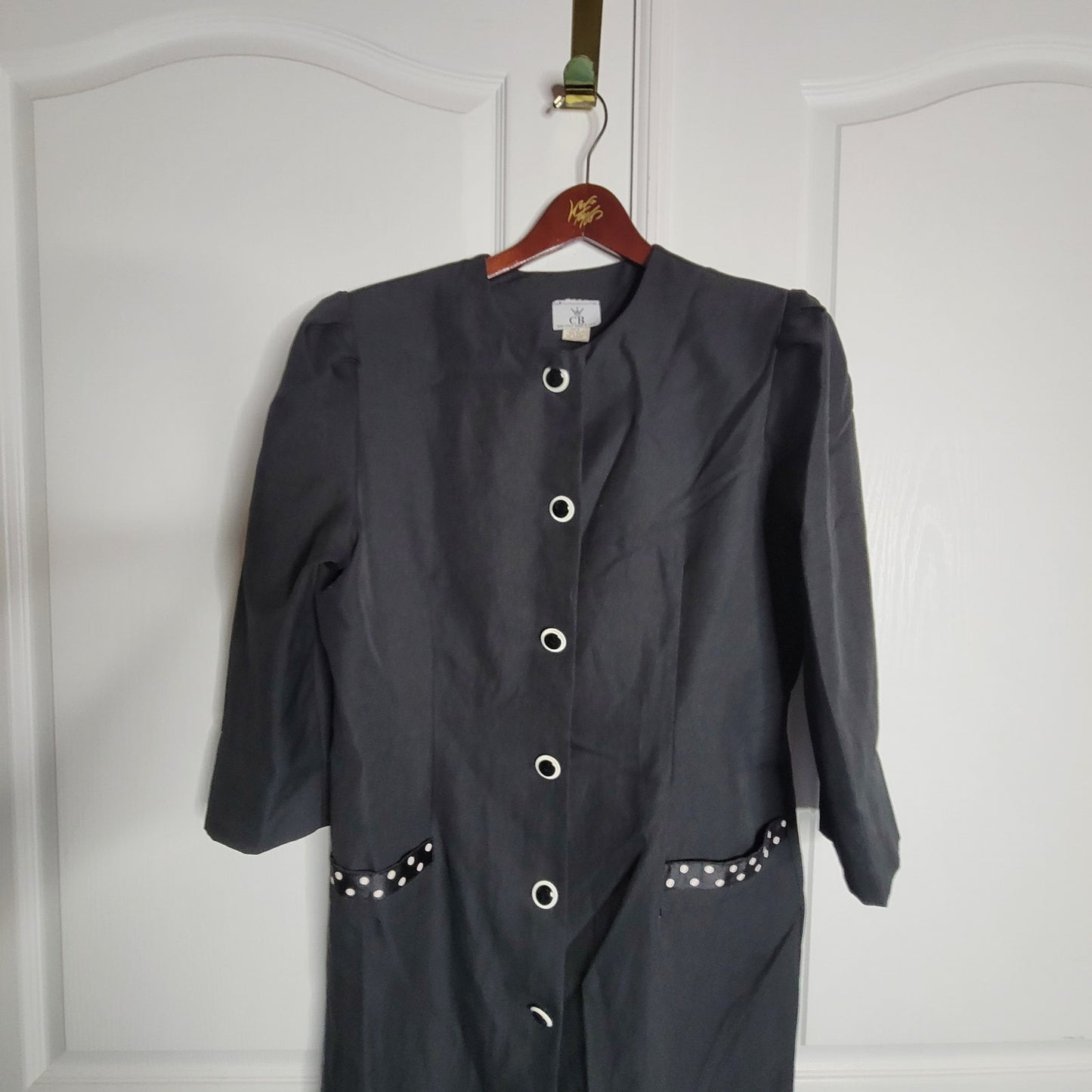 Vintage CB Black Collarless Round Neck Sheath Dress Trim Faux Pockets 14WP