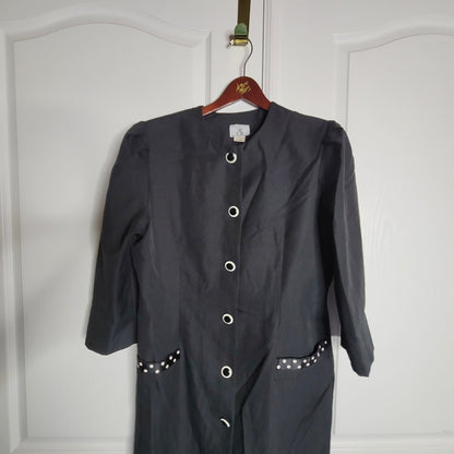 Vintage CB Black Collarless Round Neck Sheath Dress Trim Faux Pockets 14WP