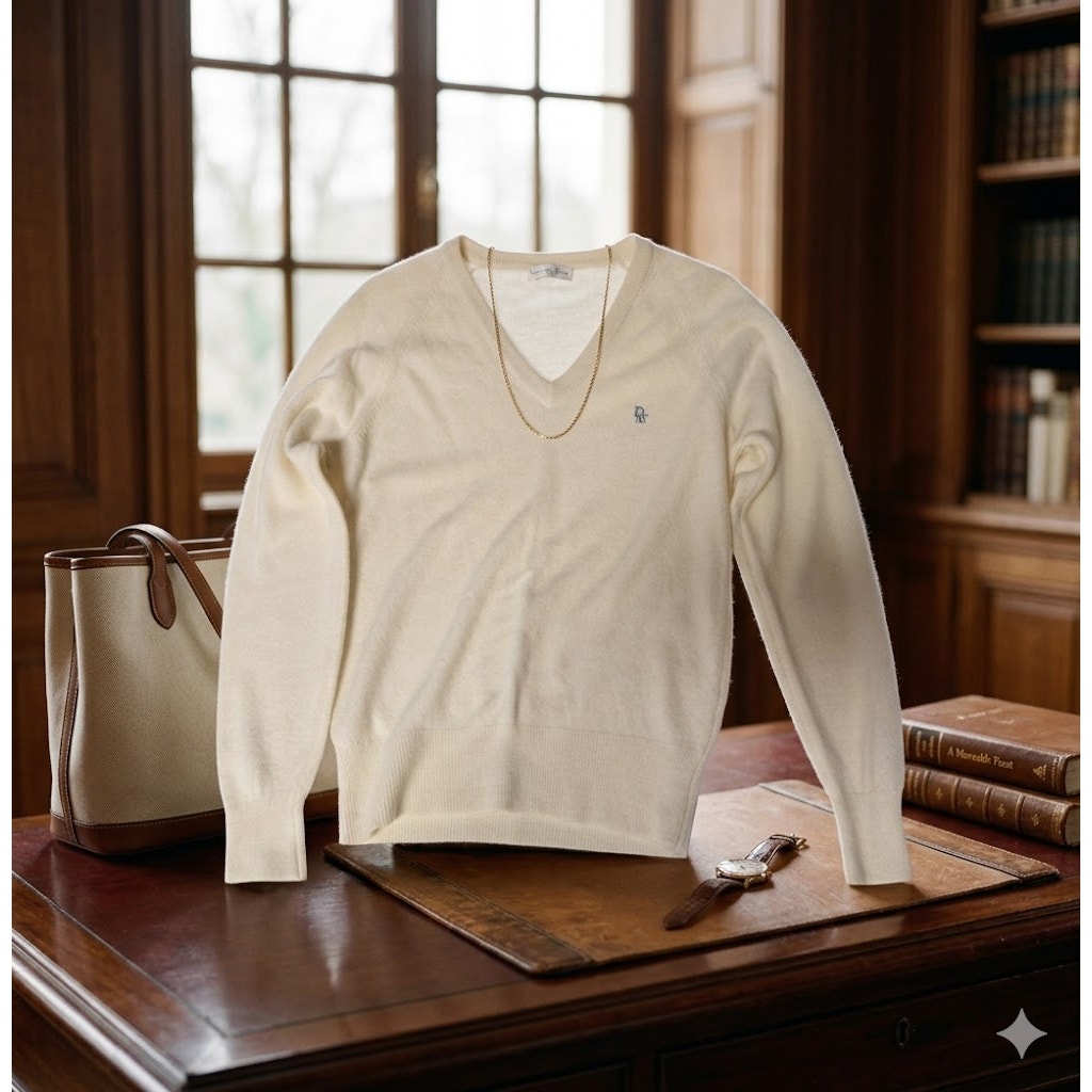 Vintage Christian Dior Cashmere Ivory Long Sleeve VNeck sweater Womens M/L