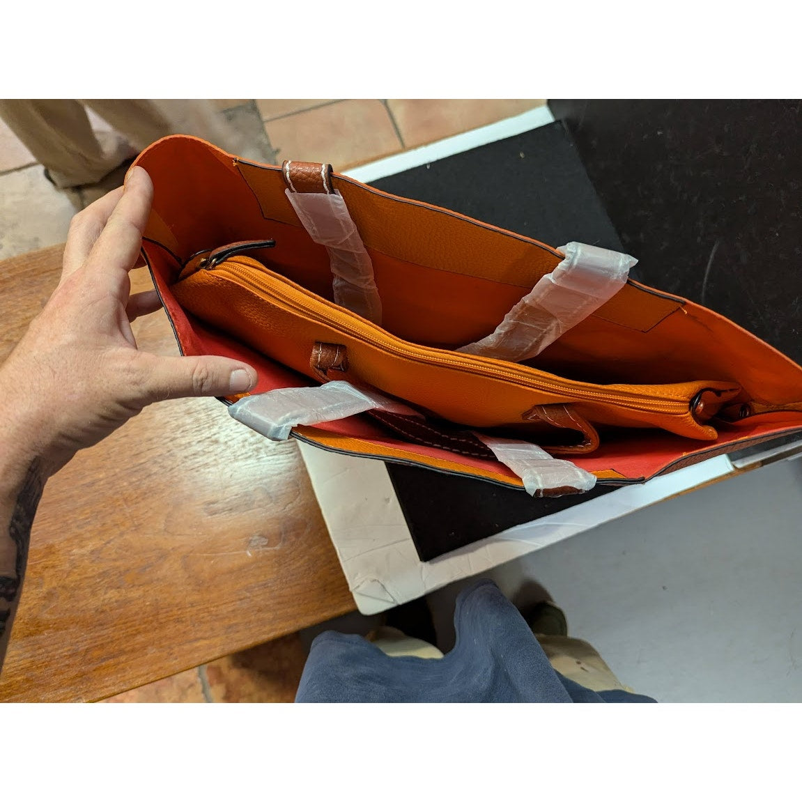 Vegan Faux Pebbled Leather Orange Removable bag Tote NEW Purse Front zip pocket