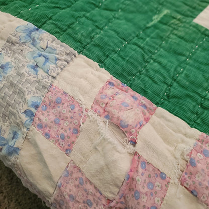Handmade Quilt 72"x70" greens need repairs PATCHWORK FARMHOUSE cabin VINTAGE