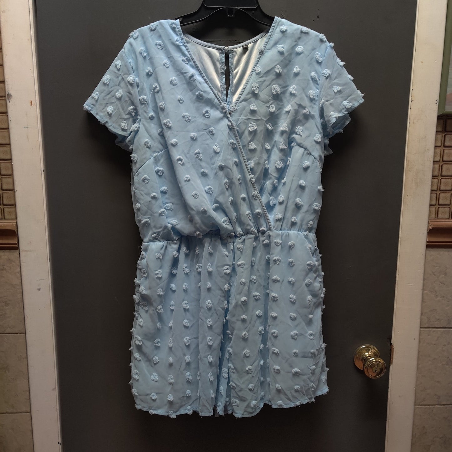 Blue Swiss Dot Romper XL V-Neck Short Sleeve Playsuit Cute Casual Summer Outfit