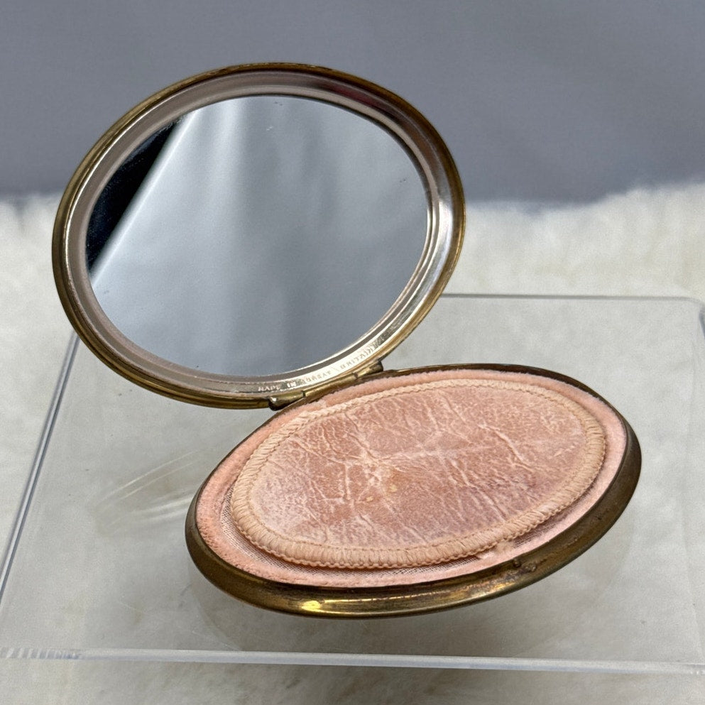 Vintage GoldTone Oval Powder Compact guilloche' Great Britain Floral Engine Turn
