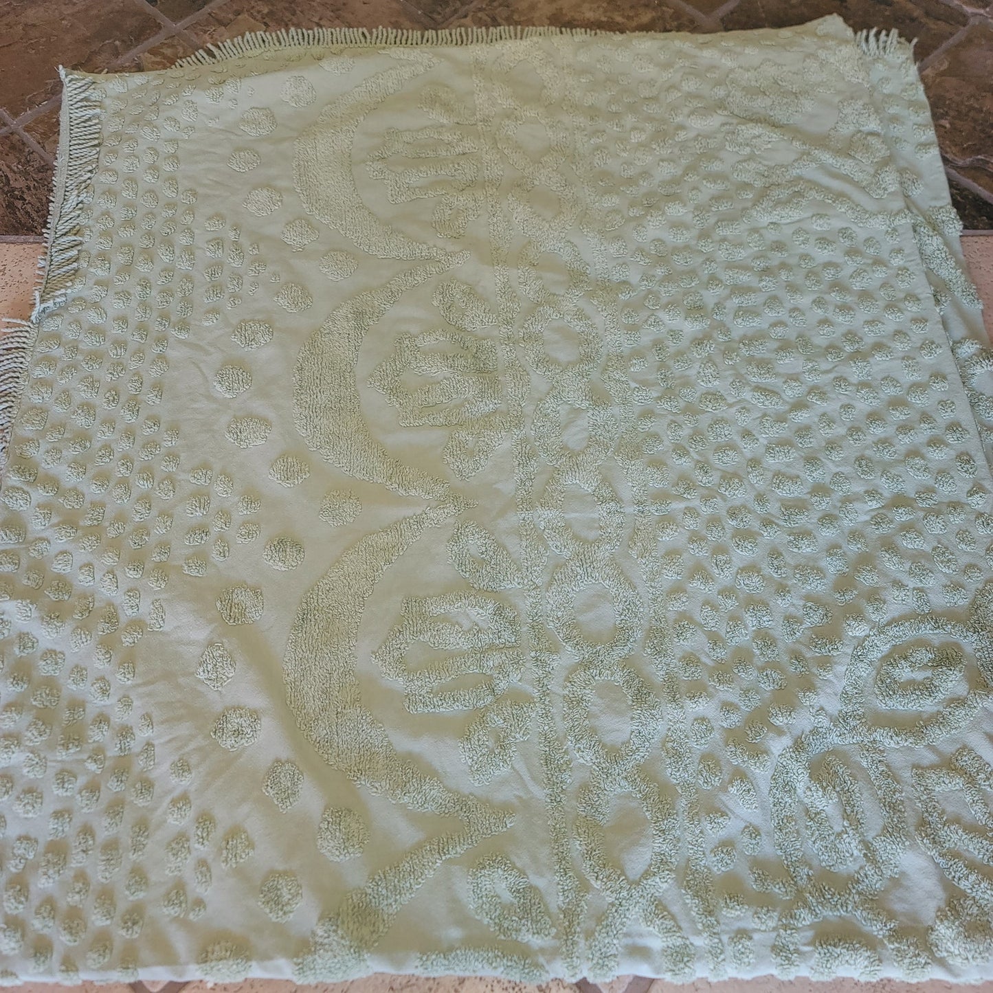 Sage green Chenille blanket Queen or King Bedspread Coverlet Vintage