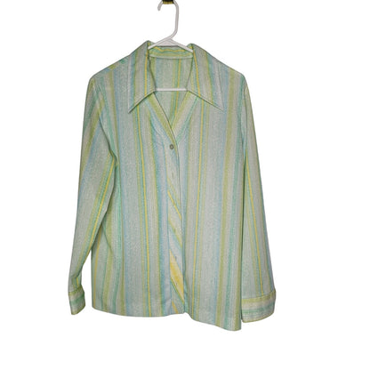 Vintage ButtonUp long sleeve Blouse Wide Collar Large/XL stripe yellow green