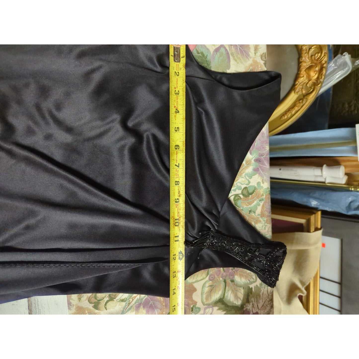 Vintage Black Asymmetrical Beaded Strap Satin Finish Midi Gown Dress Extra Small
