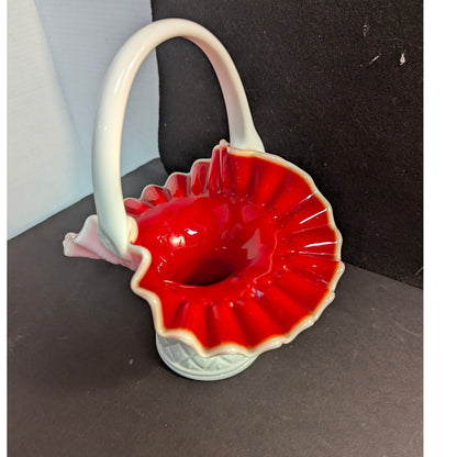 Vintage Fenton Ruby Overlay Diamond Optic Ruffled Glass Basket Centerpiece