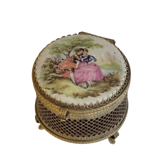 Fragonard Gold Gilded vanity french Trinket box mirrored Chest Picnicing Couple