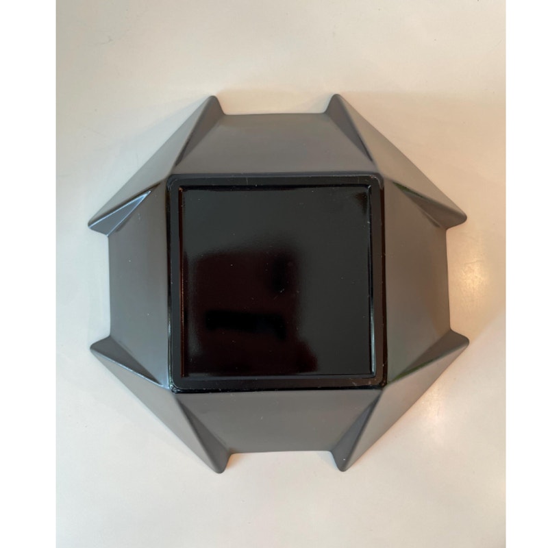 3 pc. Fostoria Black Glass Bowl & Pair Matching Candle holder Geometric Sakier