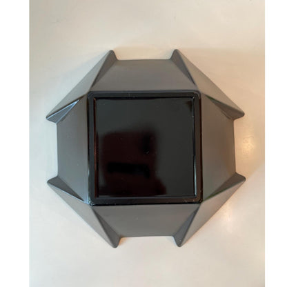 3 pc. Fostoria Black Glass Bowl & Pair Matching Candle holder Geometric Sakier