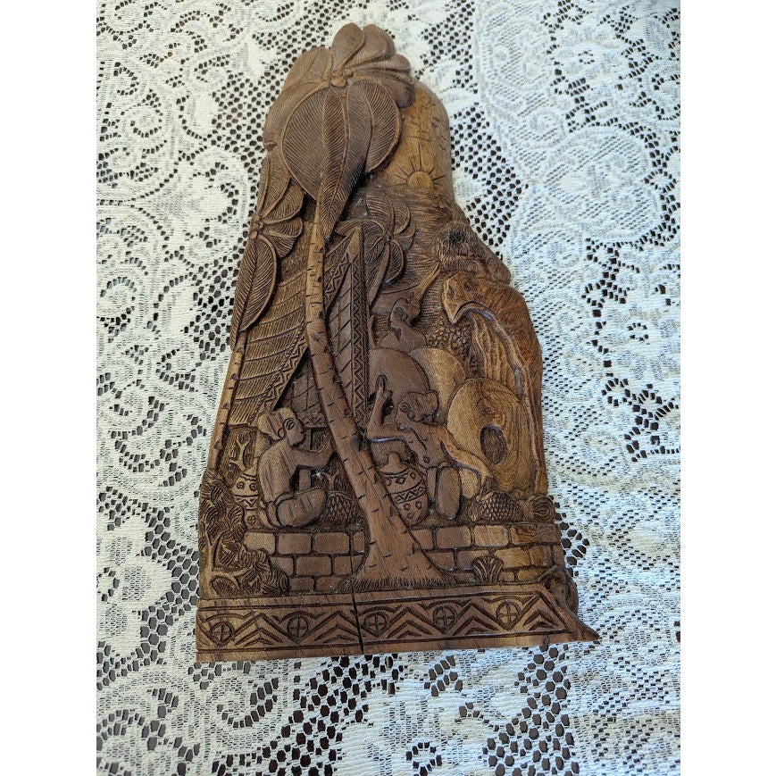 Antique Palauan Storyboard Hand Carved Wood Relief Folk Art Signed Willard Deocr