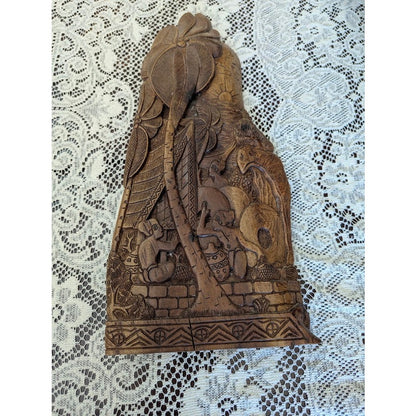 Antique Palauan Storyboard Hand Carved Wood Relief Folk Art Signed Willard Deocr