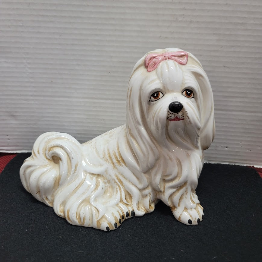 Vintage MCM Dog Italy Italian Lhasa Apso Figure Ceramic 9" x 7.5" Pink Bow CUTIE