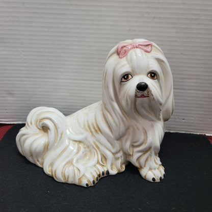 Vintage MCM Dog Italy Italian Lhasa Apso Figure Ceramic 9" x 7.5" Pink Bow CUTIE