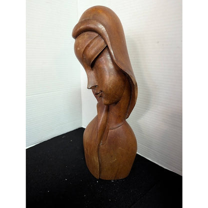 Mid-Century Modern Hand-Carved Wood Bust Sculpture – Stylized Female Form