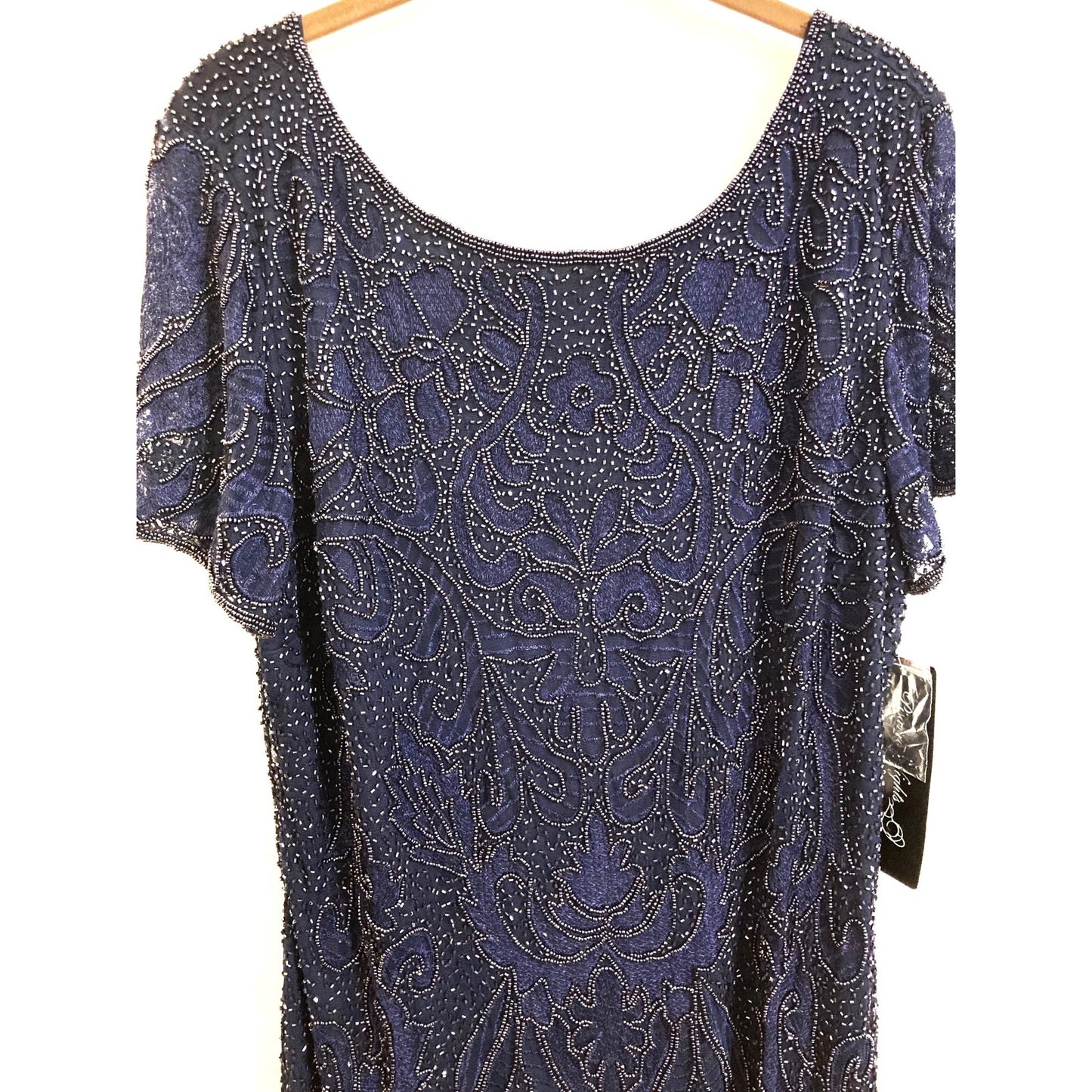 Pisarro Nights Long Line Art Deco Beaded Mesh Formal Gown Sz 18 in Navy NWT