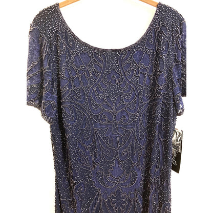 Pisarro Nights Long Line Art Deco Beaded Mesh Formal Gown Sz 18 in Navy NWT