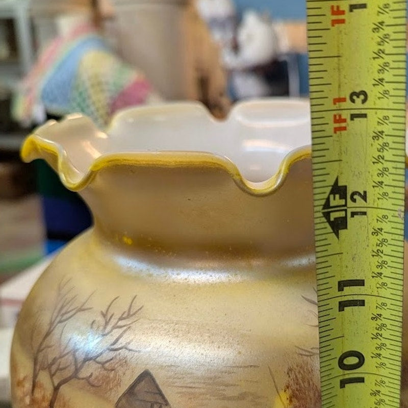 Vintage Custard Glass Lamp Handpainted Barn Scene Ribbon Top French Country