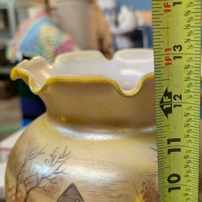 Vintage Custard Glass Lamp Handpainted Barn Scene Ribbon Top French Country