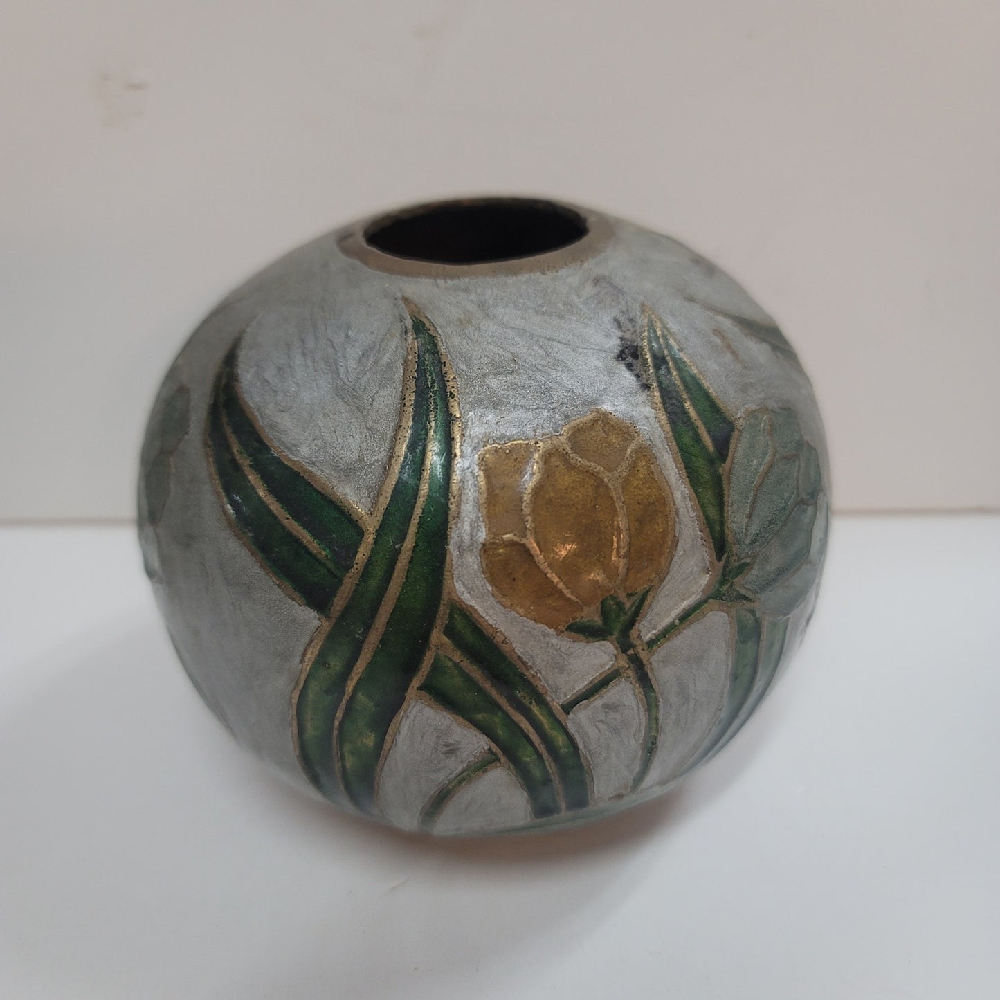 Vintage Mid Century Spherical Round Enamel and Brass Pot Vase Flowers