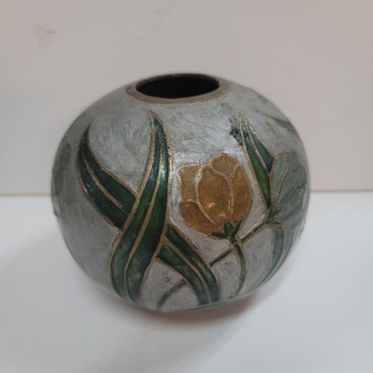 Vintage Mid Century Spherical Round Enamel and Brass Pot Vase Flowers