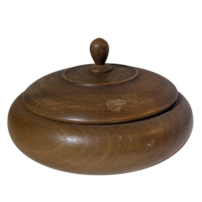 Vintage Hand-Turned Walnut Wood Lidded Trinket Bowl Mid-Century Modern Boho