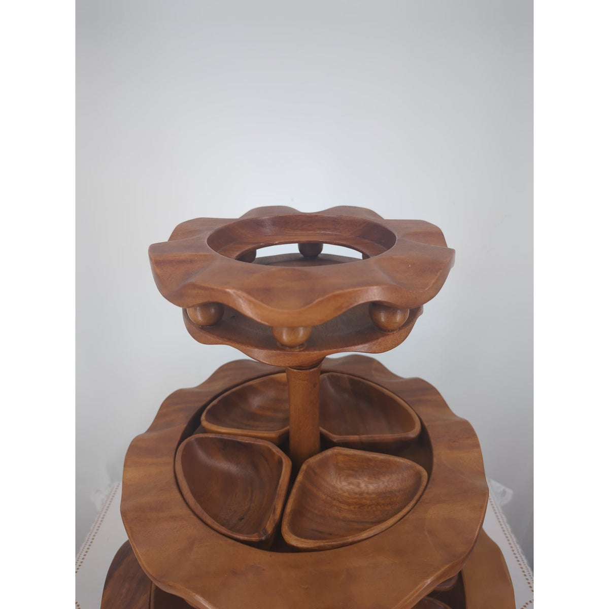 Vintage MCM Hand-Carved Wooden 3-Tiered Serving Stand with Water Buffalo Topper
