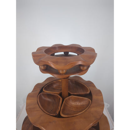 Vintage MCM Hand-Carved Wooden 3-Tiered Serving Stand with Water Buffalo Topper
