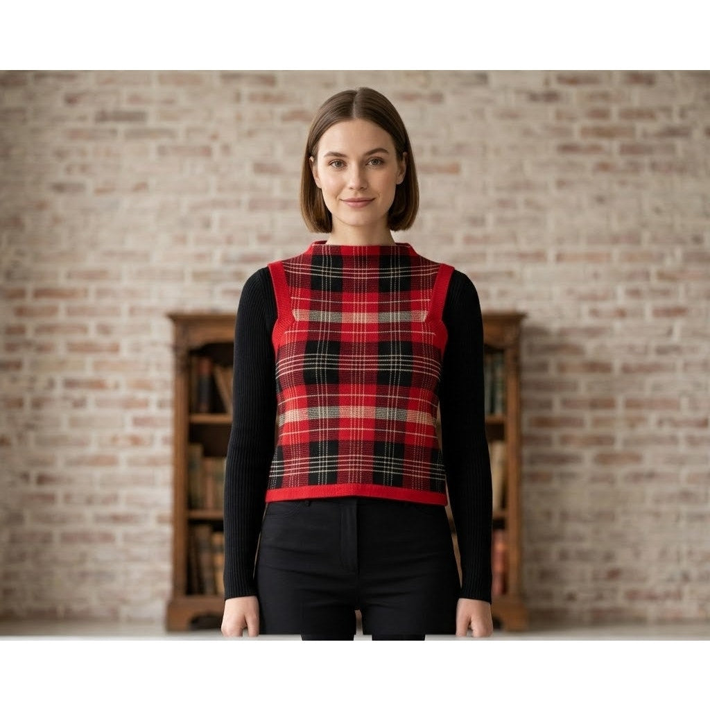 Tommy Jeans Vintage Red Black White Plaid Knit Sweater Vest Medium Sleeveless