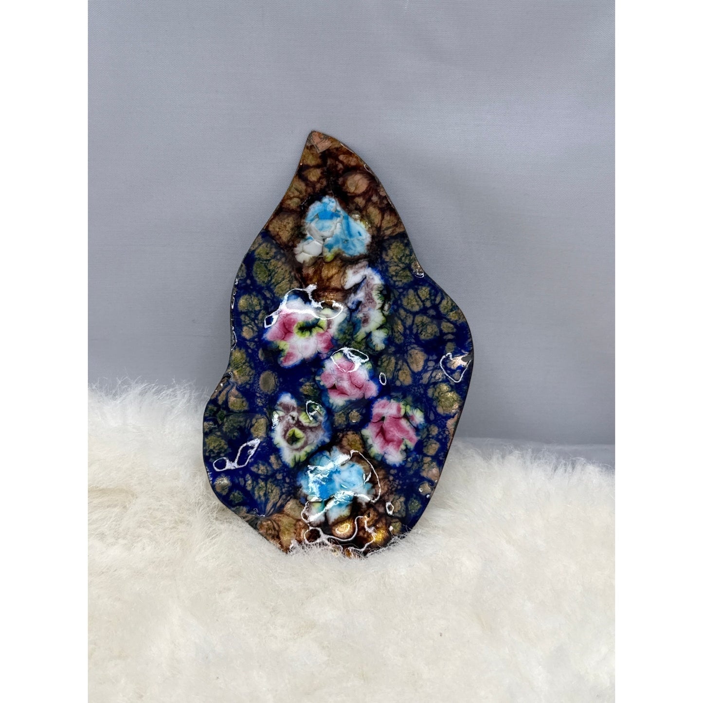 Vintage French Cobalt Blue Enamel Floral Trinket Dish Gold Leaf Accents