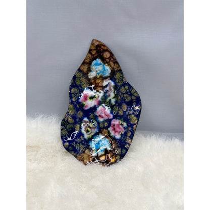 Vintage French Cobalt Blue Enamel Floral Trinket Dish Gold Leaf Accents